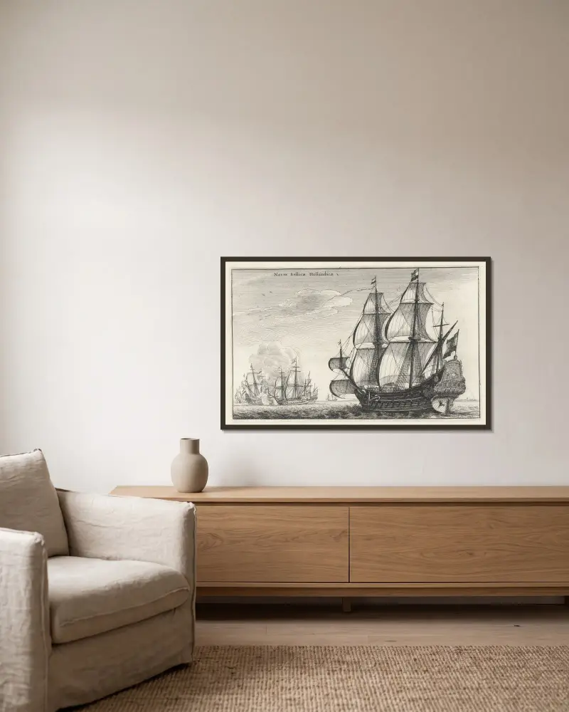 Holländische Kriegsschiffe von Wenceslaus Hollar gerahmt an einer Wand