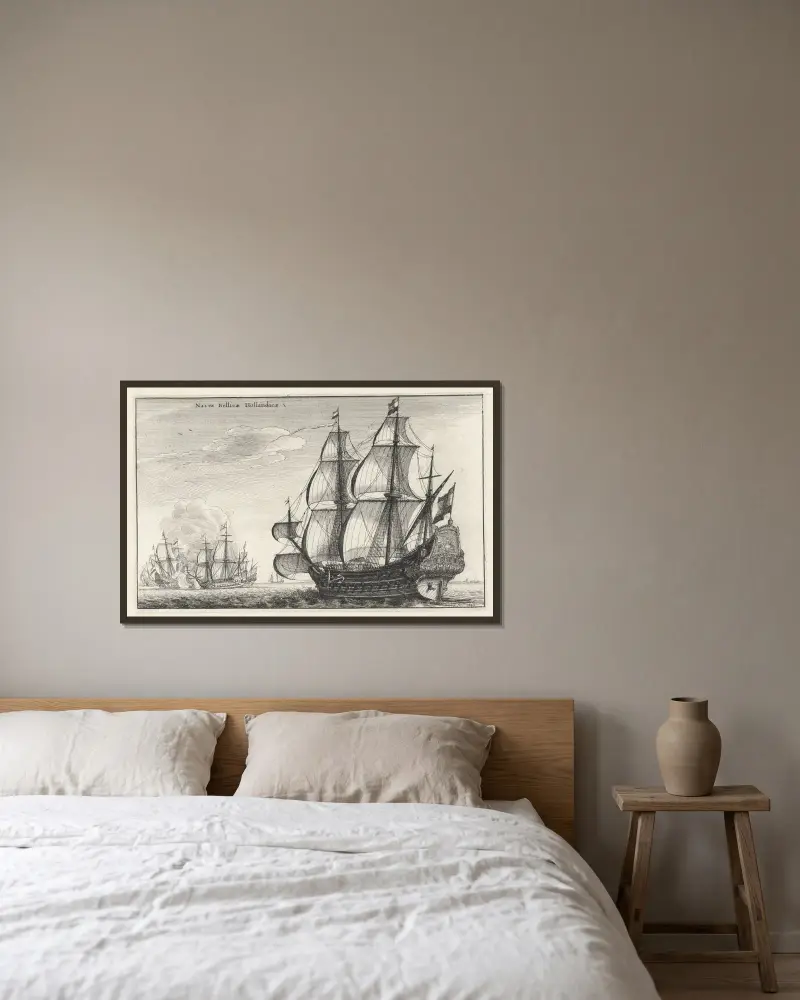 Holländische Kriegsschiffe von Wenceslaus Hollar gerahmt an einer Wand