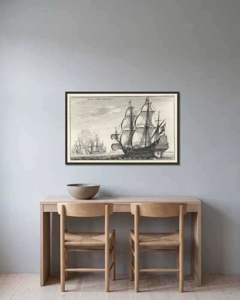 Holländische Kriegsschiffe von Wenceslaus Hollar gerahmt an einer Wand