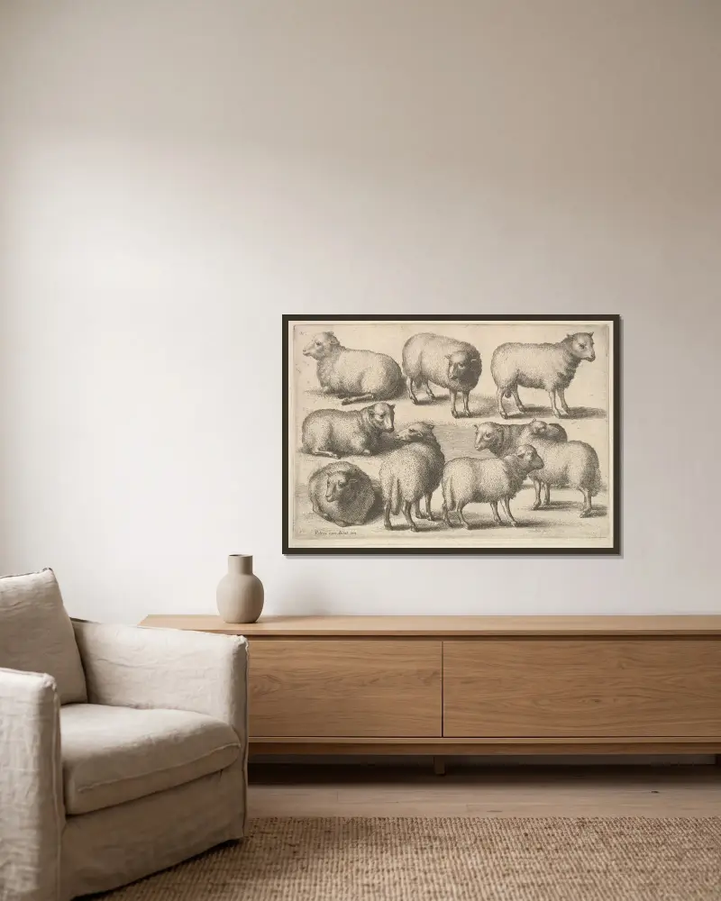 Neun Schafe von Wenceslaus Hollar gerahmt an einer Wand