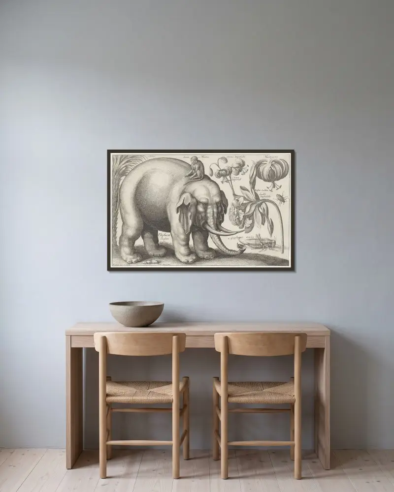 Elefant, Affe, Blumen und Insekten von Wenceslaus Hollar gerahmt an einer Wand