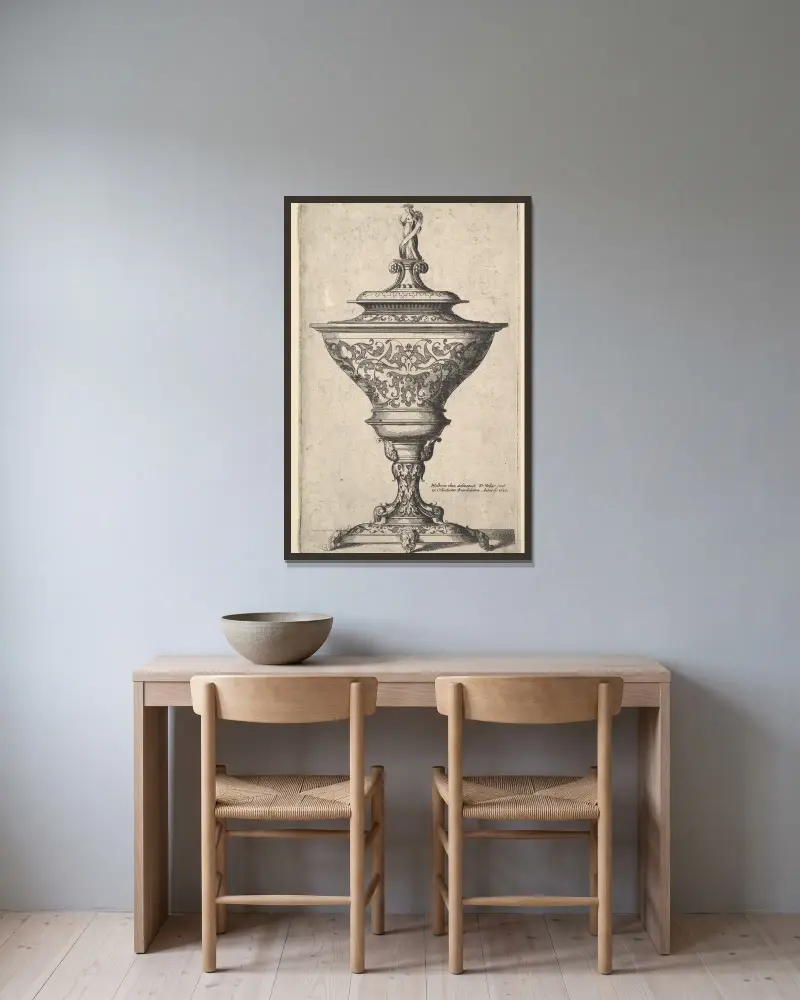 Ornate goblet on feet of masks av Wenceslaus Hollar inramad på en vägg