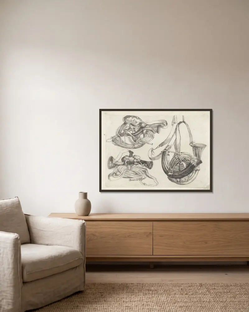 Sju jakthorn av olika form med snören och remmar av Wenceslaus Hollar inramad på en vägg