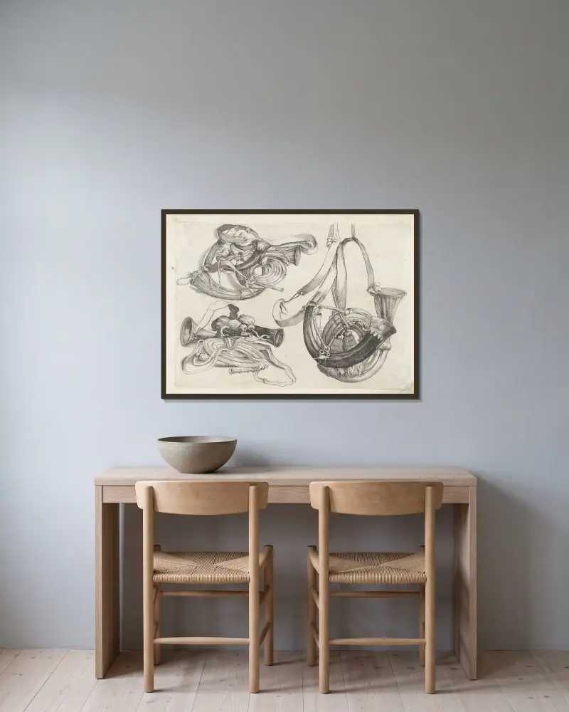 Sju jakthorn av olika form med snören och remmar av Wenceslaus Hollar inramad på en vägg