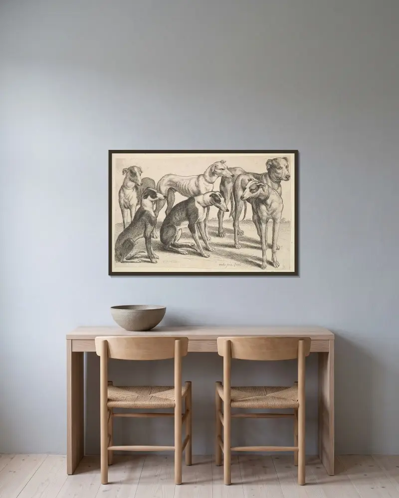 Sechs Hunde von Wenceslaus Hollar gerahmt an einer Wand