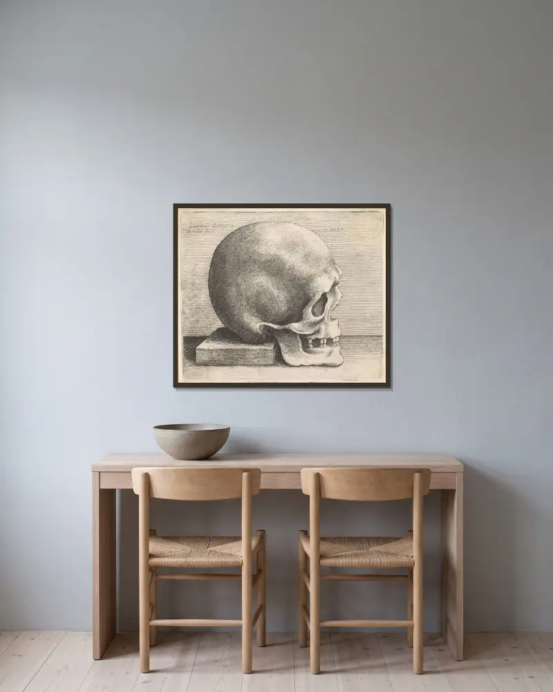 Kranium i profil mot höger av Wenceslaus Hollar inramad på en vägg