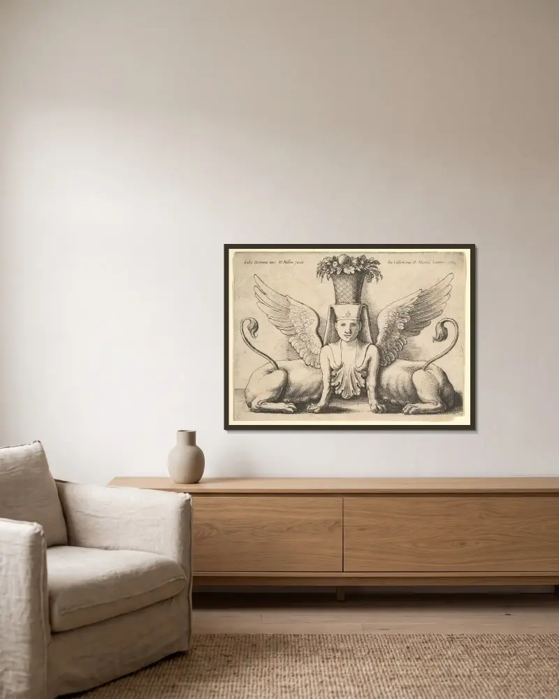 Sphinx mit zwei Körpern von Wenceslaus Hollar gerahmt an einer Wand