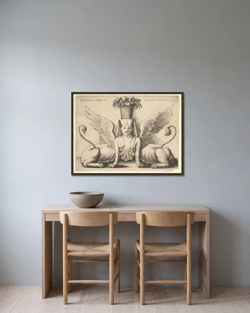 Sphinx mit zwei Körpern von Wenceslaus Hollar gerahmt an einer Wand