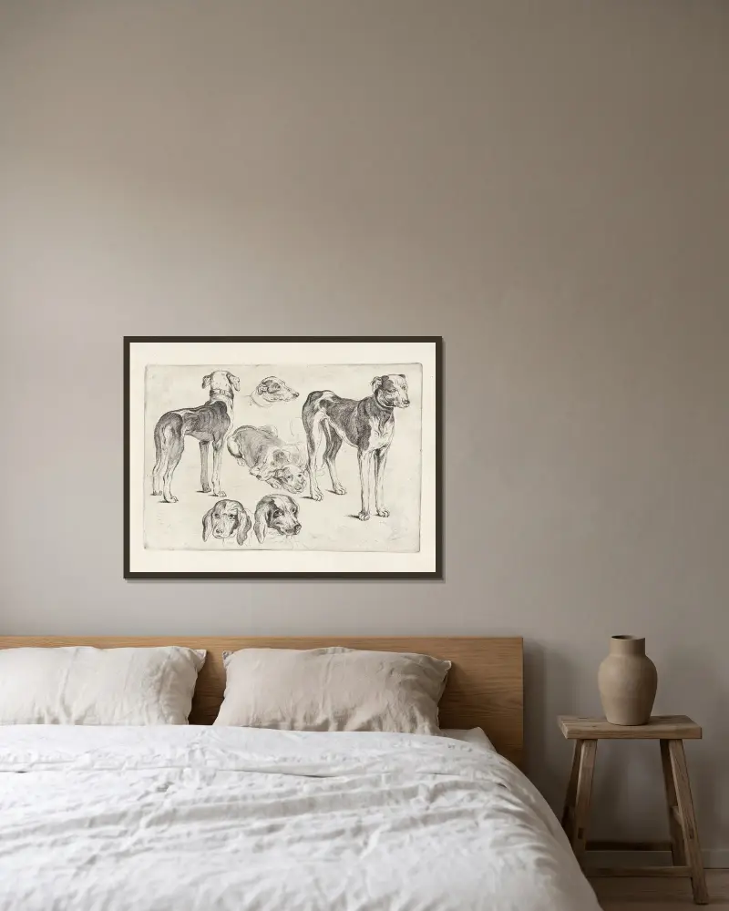 Studien von Hetzhunden von Wenceslaus Hollar gerahmt an einer Wand