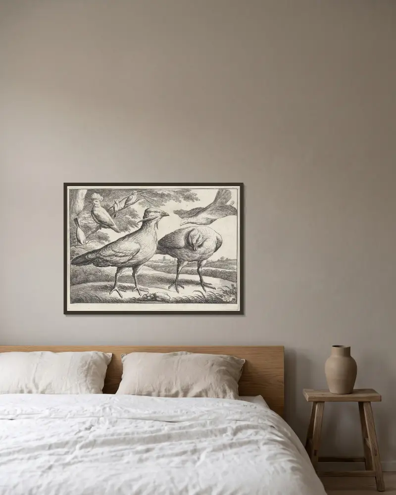 Drei Trappen, eine davon von rechts einfliegend von Wenceslaus Hollar gerahmt an einer Wand