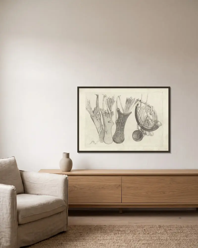 Drei Köcher mit Pfeilen und Riemen, an Nägeln hängend, links, zwei Jagdhörner rechts von Wenceslaus Hollar gerahmt an einer Wand