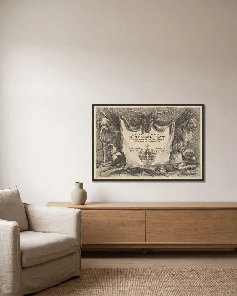 Titelseite mit Hunden und Jagdausrüstung von Wenceslaus Hollar gerahmt an einer Wand
