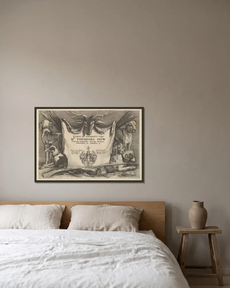 Titelseite mit Hunden und Jagdausrüstung von Wenceslaus Hollar gerahmt an einer Wand
