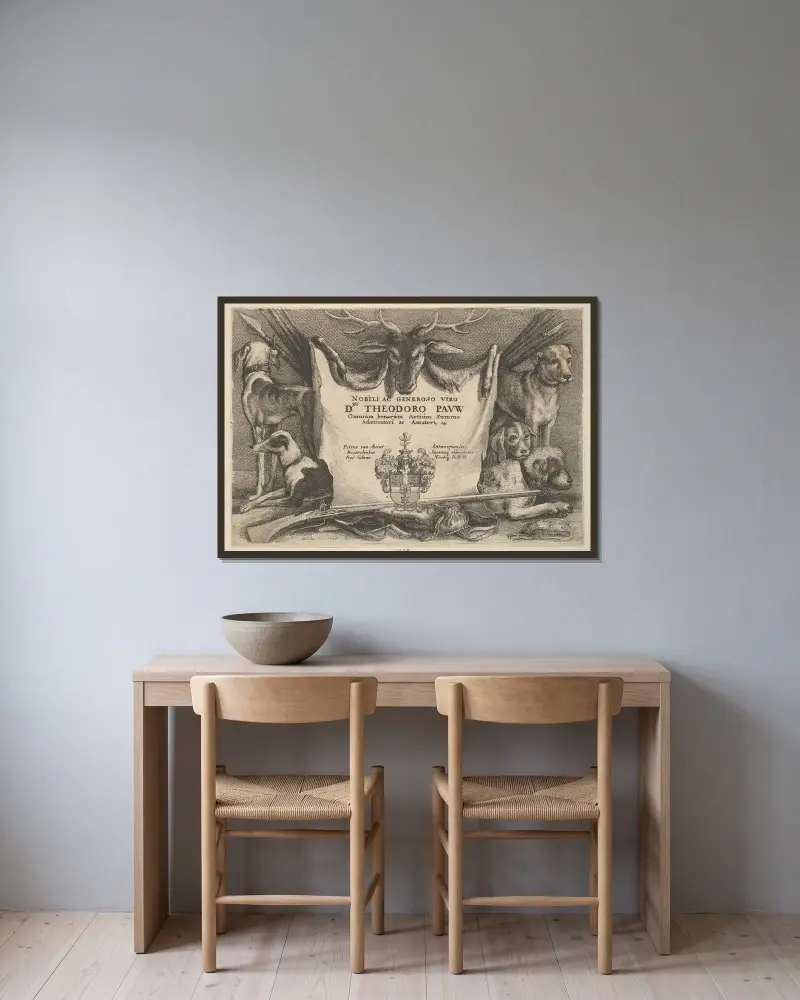 Titelseite mit Hunden und Jagdausrüstung von Wenceslaus Hollar gerahmt an einer Wand
