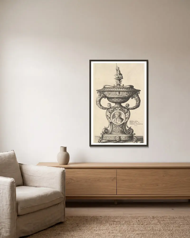 Zweihenkelige Tasse von Wenceslaus Hollar gerahmt an einer Wand