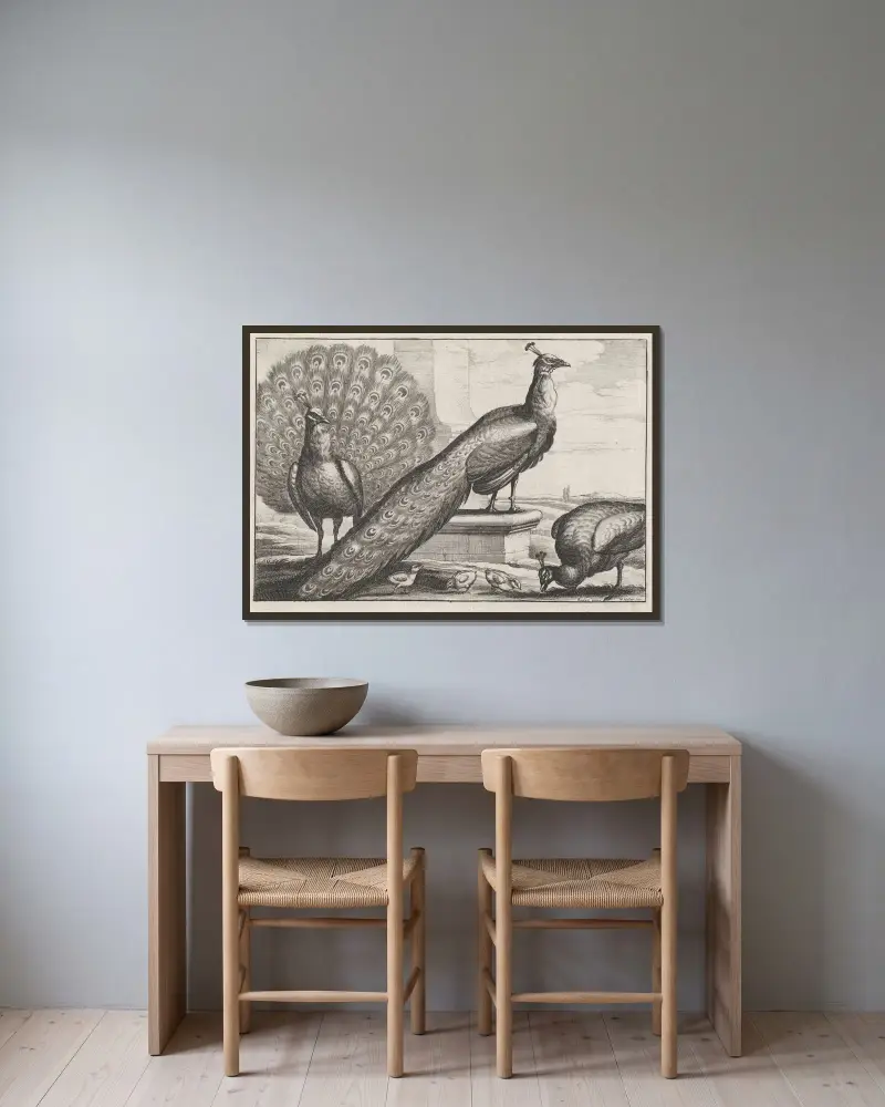Zwei Pfauen, eine Pfauhenne und drei Küken von Wenceslaus Hollar gerahmt an einer Wand