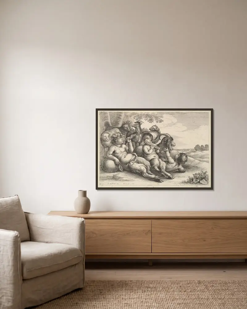 Zwei junge Satyrn und ein Knabe von Wenceslaus Hollar gerahmt an einer Wand