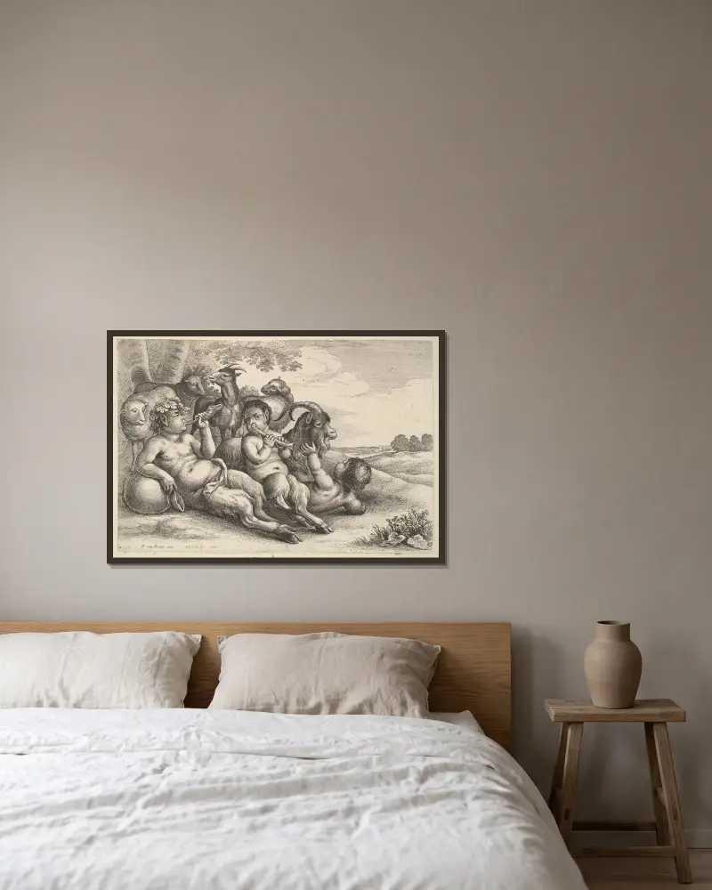 Zwei junge Satyrn und ein Knabe von Wenceslaus Hollar gerahmt an einer Wand