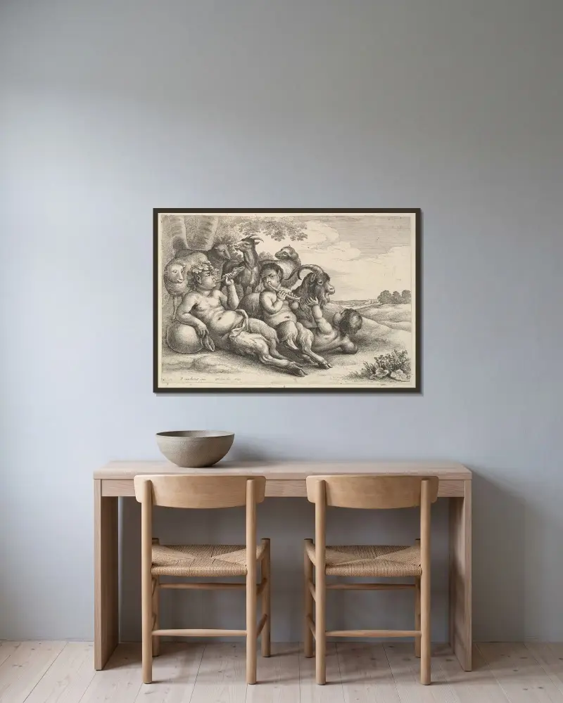 Zwei junge Satyrn und ein Knabe von Wenceslaus Hollar gerahmt an einer Wand