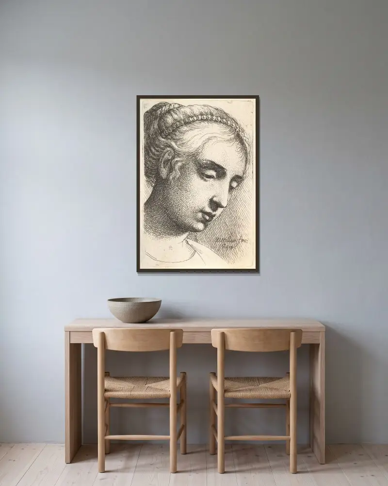 Kvinna med pärlhalsband i håret som blickar nedåt höger av Wenceslaus Hollar inramad på en vägg