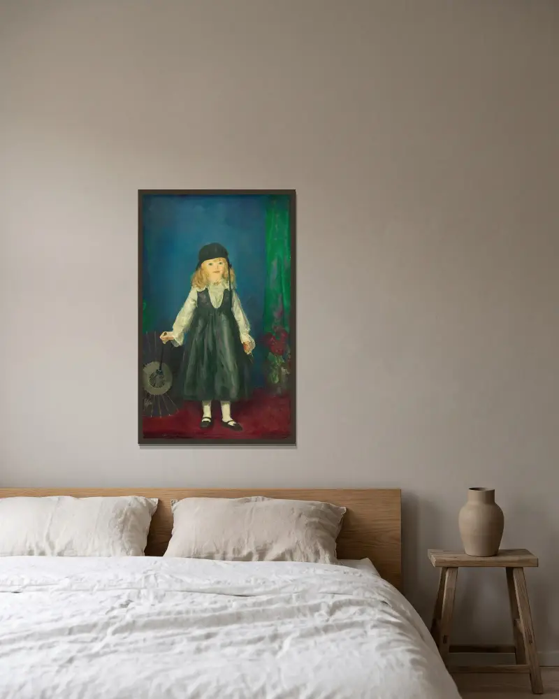 Anne med japanskt parasoll av George Wesley Bellows inramad på en vägg