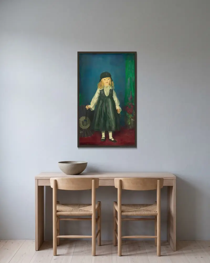 Anne med japanskt parasoll av George Wesley Bellows inramad på en vägg