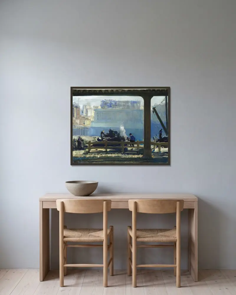 Blå morgon av George Wesley Bellows inramad på en vägg
