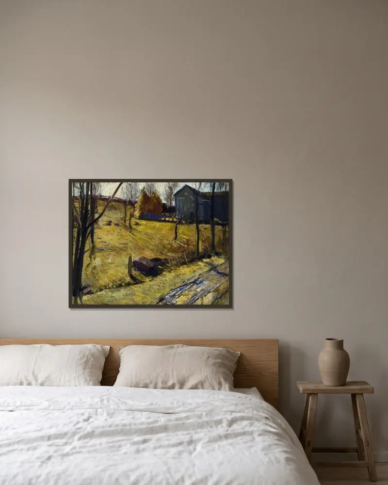 Höstackar och lada av George Wesley Bellows inramad på en vägg