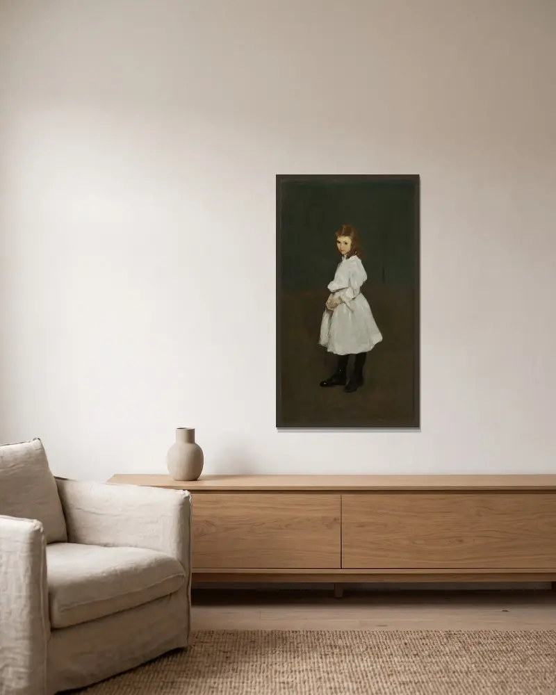 Liten flicka i vitt (Queenie Burnett) av George Wesley Bellows inramad på en vägg