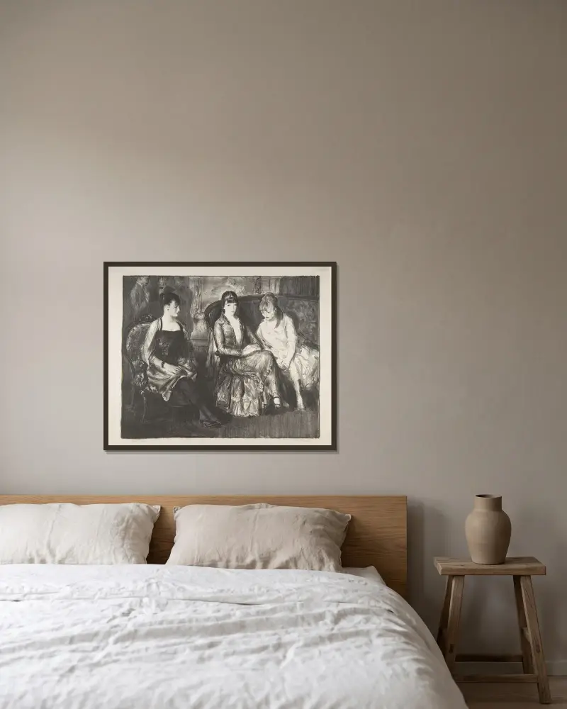 Marjorie, Emma and Elsie av George Wesley Bellows inramad på en vägg