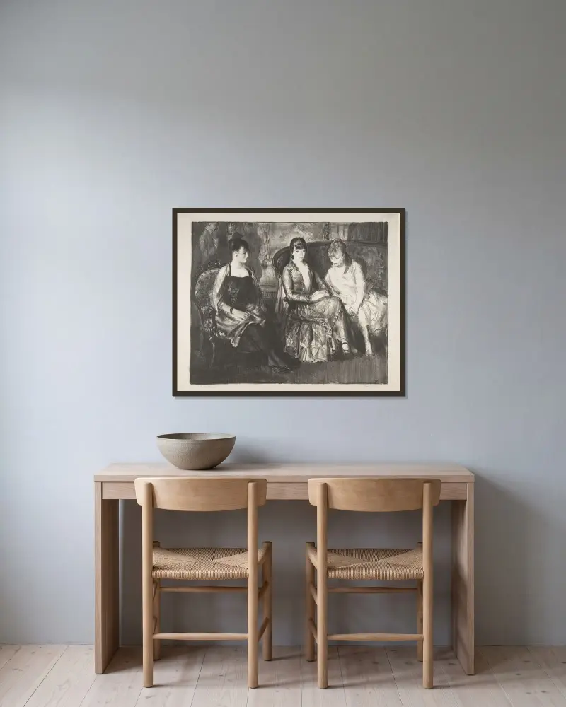 Marjorie, Emma and Elsie av George Wesley Bellows inramad på en vägg