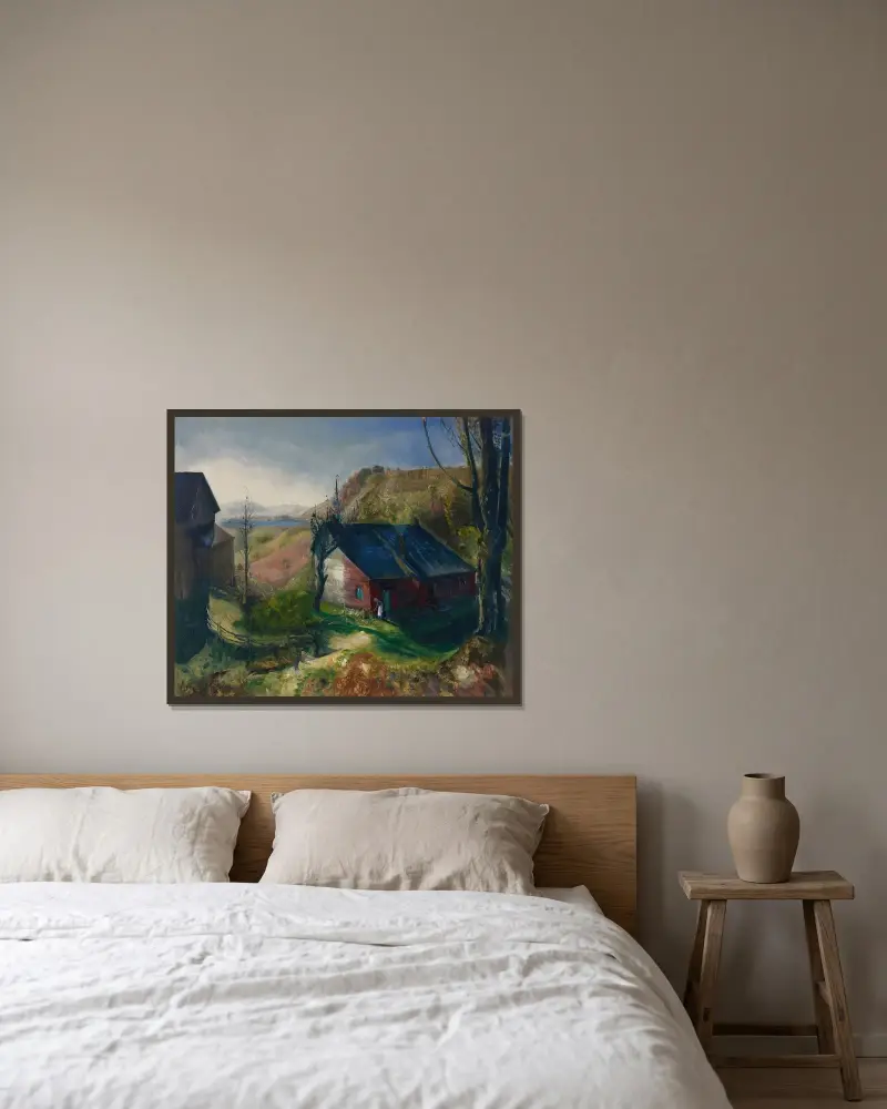 Bergslig gård av George Wesley Bellows inramad på en vägg