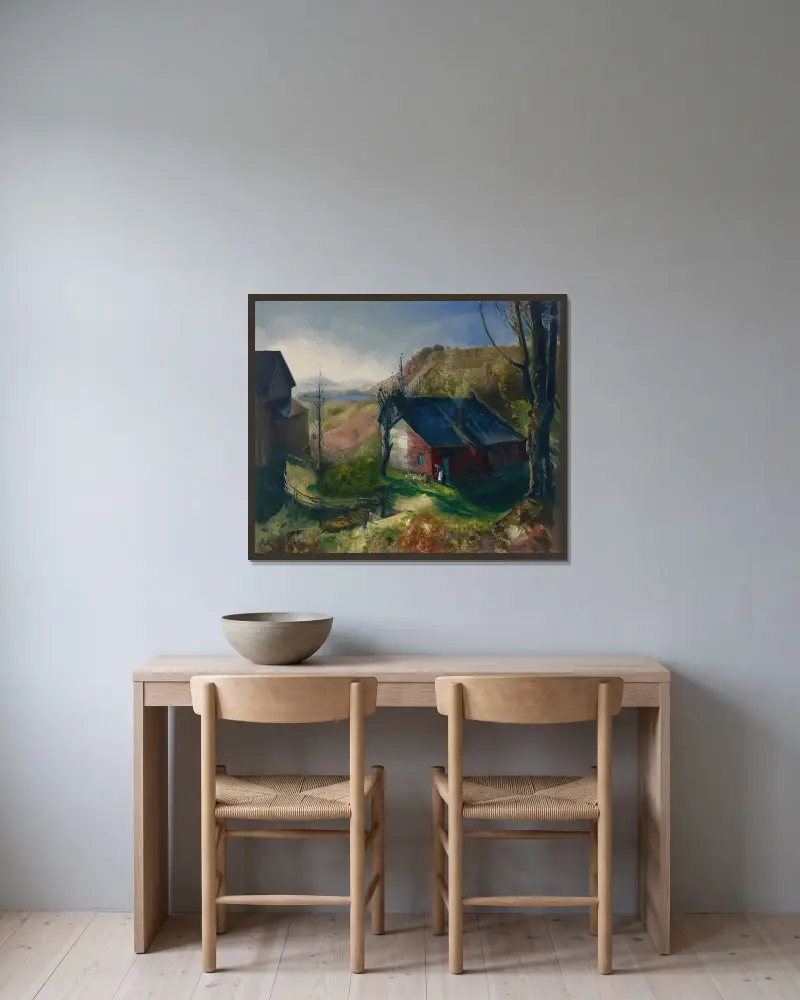 Bergslig gård av George Wesley Bellows inramad på en vägg