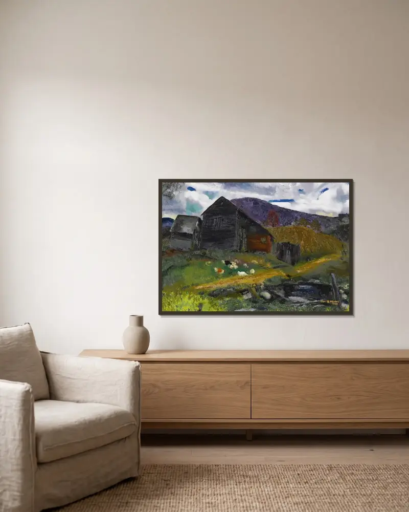 Gammal lada, Shady Valley av George Wesley Bellows inramad på en vägg