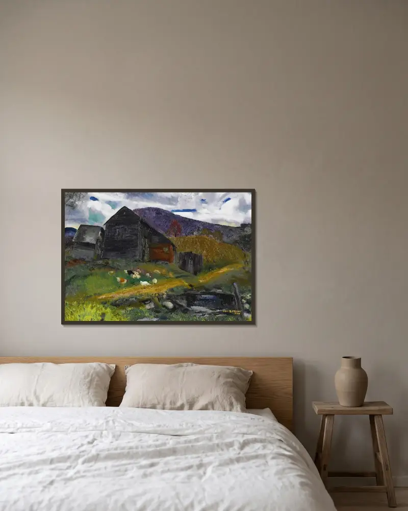 Gammal lada, Shady Valley av George Wesley Bellows inramad på en vägg