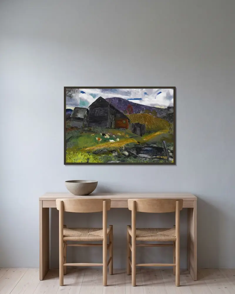 Gammal lada, Shady Valley av George Wesley Bellows inramad på en vägg