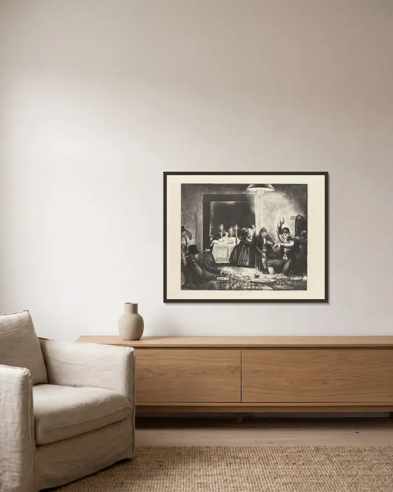 Punchinello i dödens hus av George Wesley Bellows inramad på en vägg
