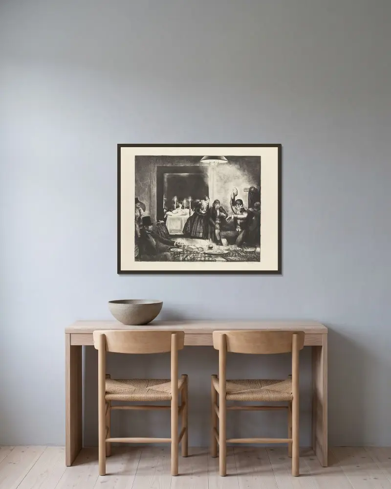 Punchinello i dödens hus av George Wesley Bellows inramad på en vägg