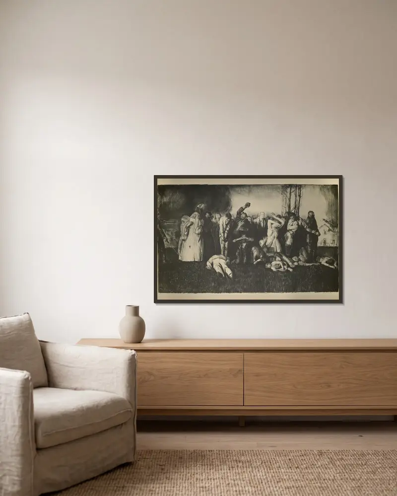 Massaker im Dorf von George Wesley Bellows gerahmt an einer Wand