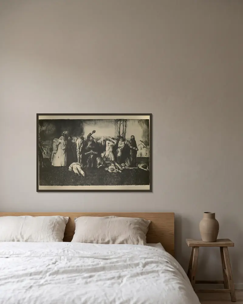 Massaker im Dorf von George Wesley Bellows gerahmt an einer Wand