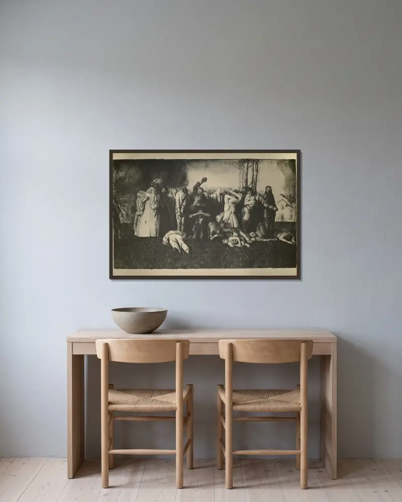 Massaker im Dorf von George Wesley Bellows gerahmt an einer Wand