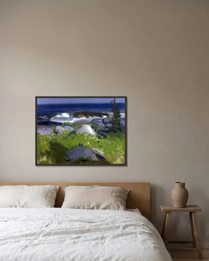 Vine Clad Shore–Monhegan Island av George Wesley Bellows inramad på en vägg