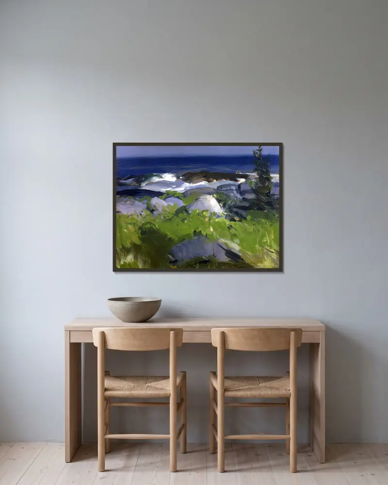 Vine Clad Shore–Monhegan Island av George Wesley Bellows inramad på en vägg