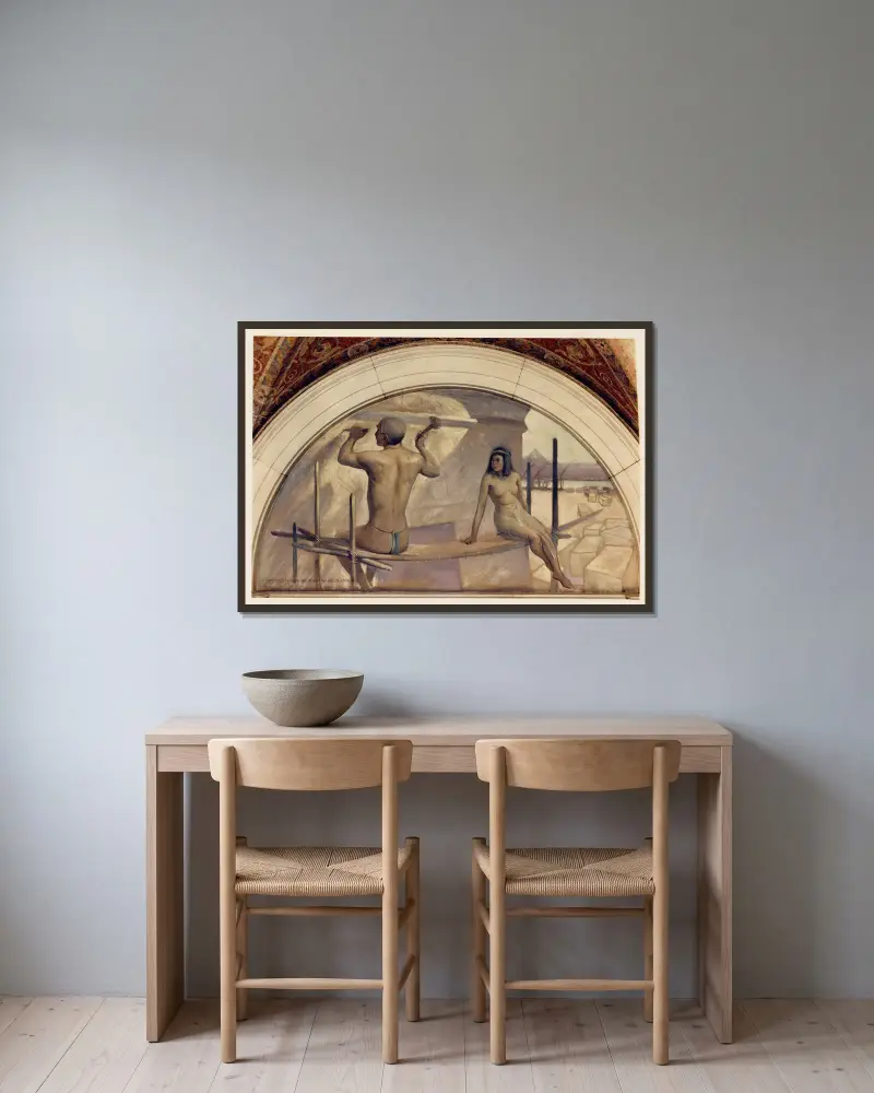 Egyptian hieroglyphics mural in Evolution of the Book series av John White Alexander inramad på en vägg