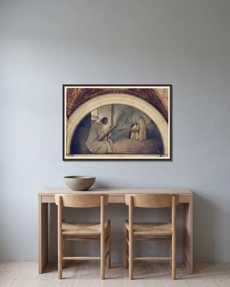 Rękopiśmienna księga, malowidło ścienne z cyklu Ewolucja książki, John White Alexander w ramie na ścianie