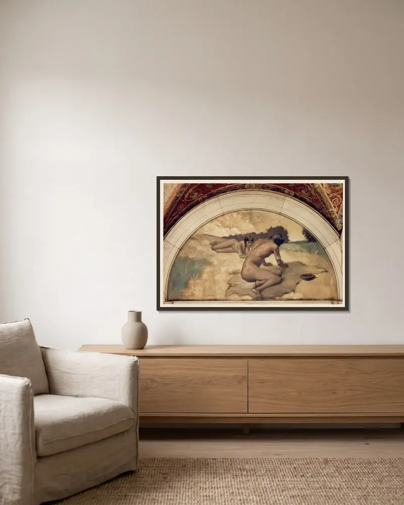 Picture Writing mural in Evolution of the Book series av John White Alexander inramad på en vägg