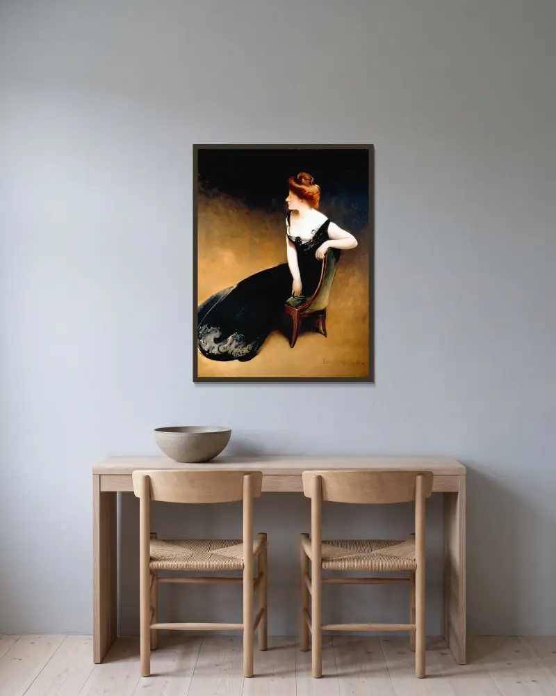 Porträtt av Mrs. V, Mrs. Herman Duryea av John White Alexander inramad på en vägg