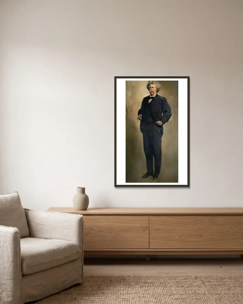 Porträt von Samuel L. Clemens (Mark Twain) von John White Alexander gerahmt an einer Wand