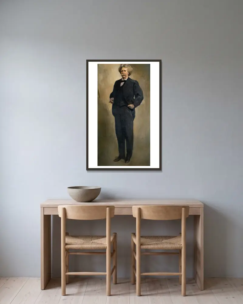 Porträt von Samuel L. Clemens (Mark Twain) von John White Alexander gerahmt an einer Wand
