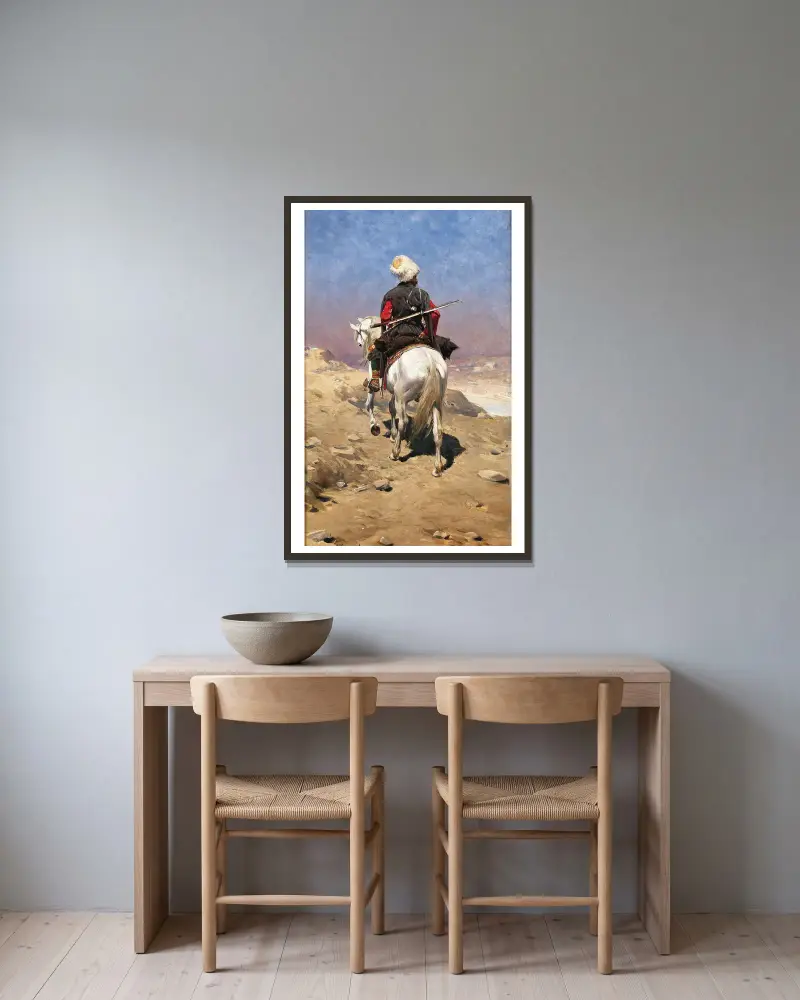 A Caucasian Rider av Alfred von Wierusz-Kowalski inramad på en vägg